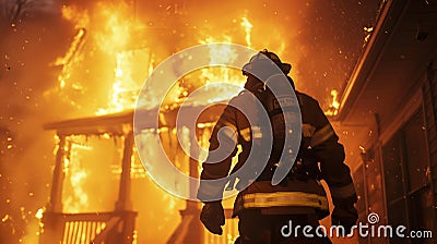 Brave Firefighter in front of a burning house at dusk. Brave firefighter combatting a fierce house fire. Concept of Stock Photo