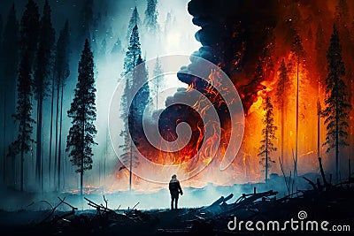 Brave firefighter stands in front of a huge forest fire Stock Photo
