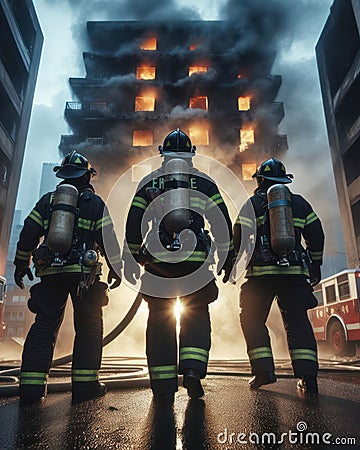brave firefighters confront a building on fire and is a blazing inferno Stock Photo