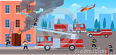 Brave firefighters extinguishing fire in house vector illustration. Team firemans working together Vector Illustration