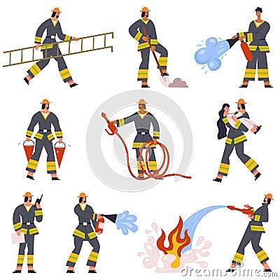 Brave firefighters rescue emergency service characters in action. Fireman with fire extinguishing rescue equipment Vector Illustration
