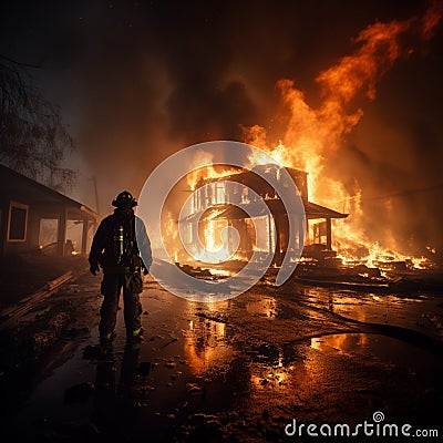 Brave fireman hoses down scorched dwelling, water subduing the smoldering aftermath Stock Photo