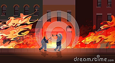 Brave firemen using scrap and axe firefighters in uniform firefighting emergency service extinguishing fire concept Vector Illustration