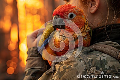 Girl Heroine: Rescue a parrot from a fire in the jungle Stock Photo