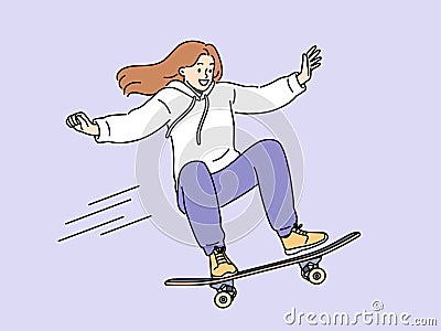 Brave girl skateboarder makes aerial stunt by bouncing on professional ramp in skatepark Vector Illustration