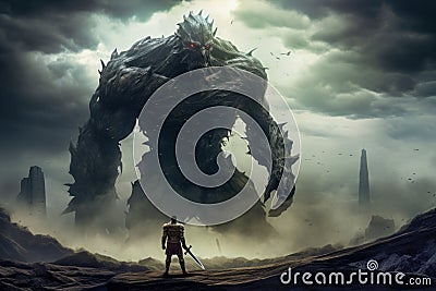 A brave knight wielding a sword faces off against a colossal, menacing monster in a high-tension, fantasy illustration. Cartoon Illustration