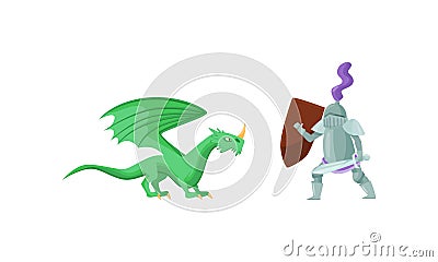 Brave Medieval Knight in Armored Suit Holding Shield and Weapon Fighting with Fire Breathing Dragon Vector Illustration Vector Illustration