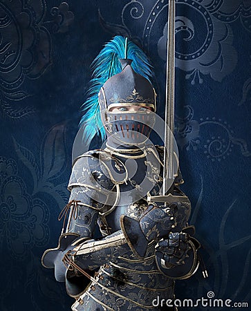 Brave medieval knight with beautiful blue eyes Cartoon Illustration