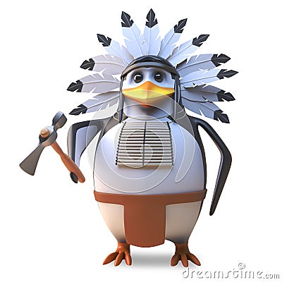 Brave native American Indian penguin chief wields his mighty axe, 3d illustration Cartoon Illustration