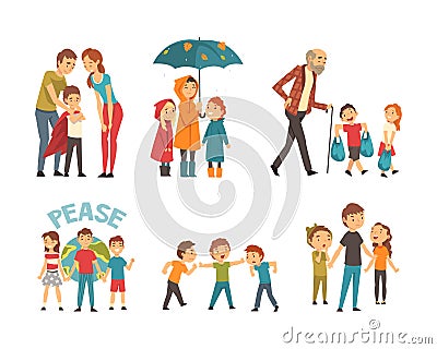 Brave and polite children's get. Well bred children helping adults, protecting weak, saving planet cartoon vector Vector Illustration