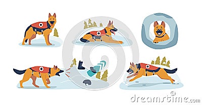 Brave Rescue Dog, Navigating Treacherous Snowy Mountains, Embodies Unwavering Determination And Heroism Vector Illustration