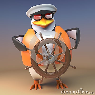 Brave sailor captain penguin steers his ship to safety in any seas, 3d illustration Cartoon Illustration