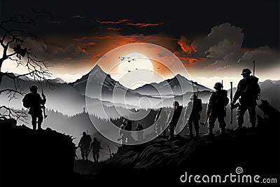 Brave silhouettes of the Chinese Eighth Route Army in wartime Stock Photo