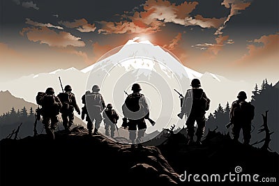 Brave silhouettes of the Chinese Eighth Route Army in wartime Stock Photo