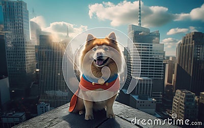 The Brave Supehero Chow Chow A Protector on the Skyscraper Edge. Generative AI Stock Photo