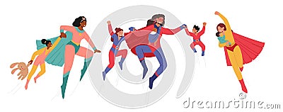 Brave Superhero Mother Characters Protecting their Children With Strength And Love, Inspiring Them To Be Brave, Kind Vector Illustration