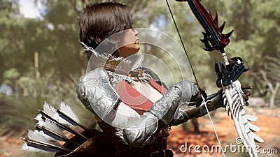 A brave and sweet huntress takes aim with a bow and shoots at her prey. The girl was created using 3D computer graphics Stock Photo