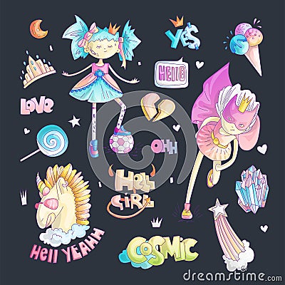 Brave tomboy princess vector cartoon set. Princess magic and feminism illustration, little teen girl with ball, princess Vector Illustration