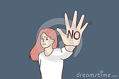 Brave woman makes stop gesture showing palm with inscription no to call for end to discrimination Vector Illustration