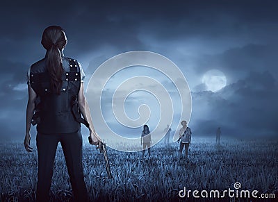 Brave woman with vest find the zombies Stock Photo