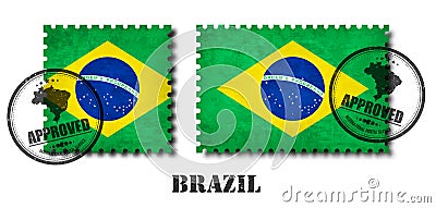 Brazil or brazilian flag pattern postage stamp with grunge old scratch texture and affix a seal on background . Black col Vector Illustration
