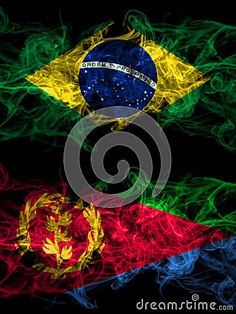 Brazil, Brazilian vs Eritrea, Eritrean smoky mystic flags placed side by side. Thick colored silky abstract smoke flags Stock Photo