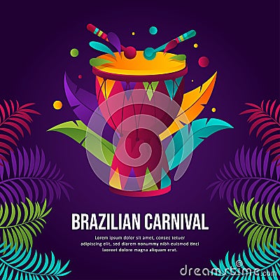 Rio Brazilian carnival party background , colorful drum, stick and palm leaves illustration Stock Photo