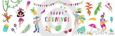 Brazil Carnival Festive Banner with Dancing Characters Woman and Man in Traditional Costumes. Brazilian Samba Dancers Vector Illustration