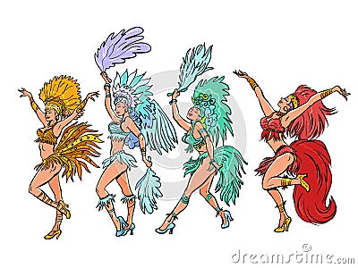 brazil carnival Girls in colorful dresses are dancing. Colorful carnival, holiday, party or event. Cartoon Illustration