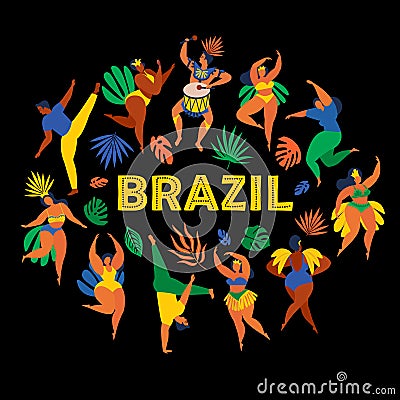 Brazil carnival. Vector illustration of funny dancing men and women in bright costumes. Design element for carnival Vector Illustration