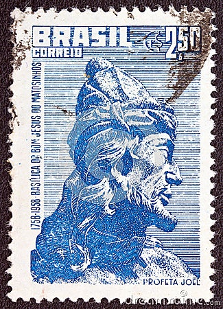 BRAZIL - CIRCA 1958: A stamp printed in Brazil shows Prophet Joel, circa 1958. Editorial Stock Photo