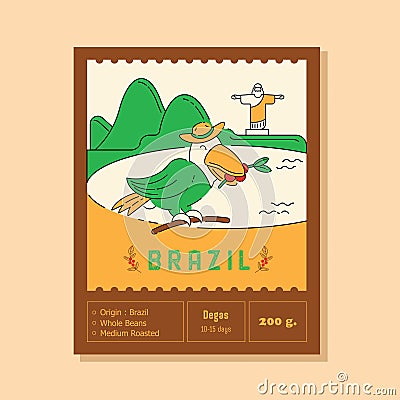 Brazil coffee label with toucan on bay Vector Illustration