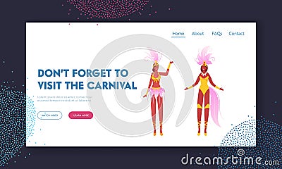 Brazil Culture, Carnival in Rio De Janeiro Website Landing Page. Girls in Festival Costumes with Feather Wings Dancing Vector Illustration
