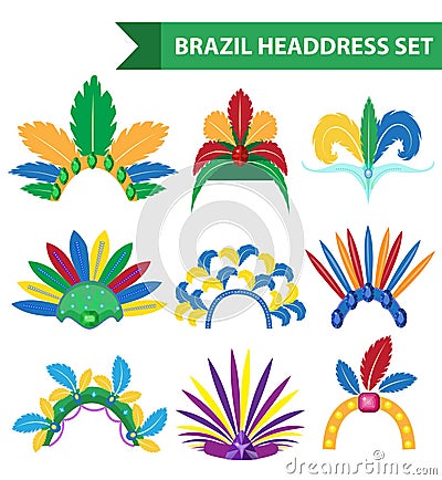 Brazil Feather Headband Headdress icons flat style. Headpiece Carnival, Samba Festival headwear. Isolated on white Vector Illustration