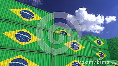 Brazil flag containers are located at the container terminal. Concept for Brazil import and export. 3d rendering Stock Photo