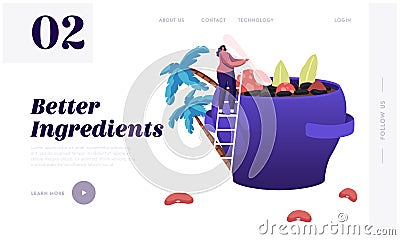 Brazil Food Website Landing Page. Tiny Woman Stand on Ladder Cooking Traditional Delicious Feijoada Meal Vector Illustration