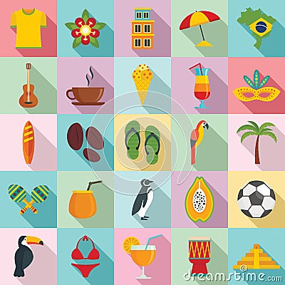 Brazil icons set, flat style Vector Illustration