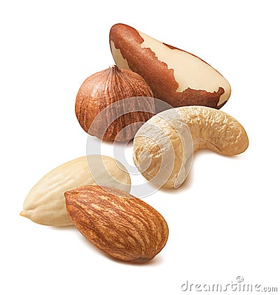 Brazil nuts, cashew, blanched almond and hazelnut isolated on white background Stock Photo