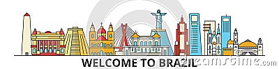 Brazil outline skyline, brazilian flat thin line icons, landmarks, illustrations. Brazil cityscape, brazilian travel Vector Illustration