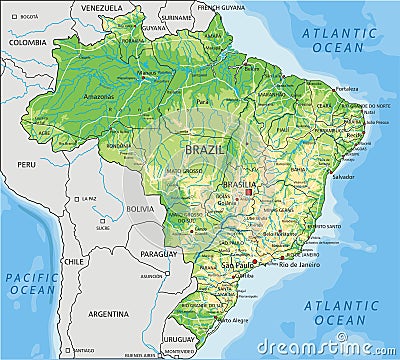 High detailed Brazil physical map with labeling. Vector Illustration