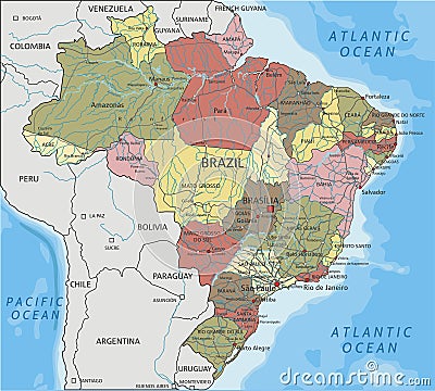 Detailed Brazil Political map in Mercator projection. Clearly labeled. Separated layers. Vector Illustration