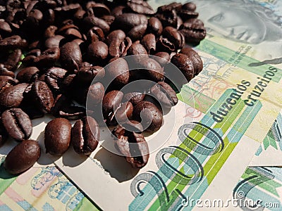 Brazil roasted coffee beans placed on banknotes Stock Photo