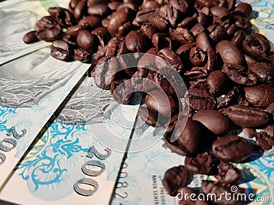 Brazil roasted coffee beans placed at banknotes Stock Photo