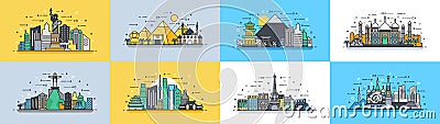 Brazil Russian France, Japan, India, Egypt China USA architecture buildings town city country travel icon linear style Vector Illustration