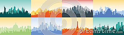 Brazil Russian France, Japan, India, Egypt China USA silhouette architecture buildings town city country travel Vector Illustration