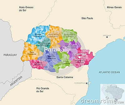 Brazil state Parana administrative map showing municipalities colored by state regions mesoregions Vector Illustration