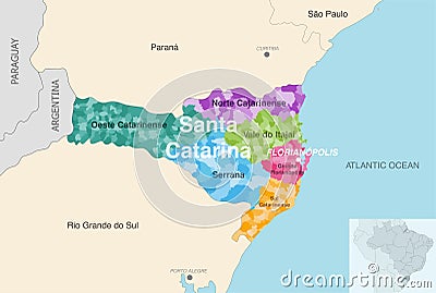 Brazil state Santa Catarina administrative map showing municipalities colored by state regions mesoregions Vector Illustration