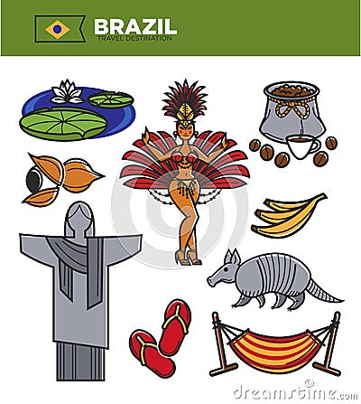 Brazil tourism travel landmarks and famous sightseeing vector icons set Vector Illustration