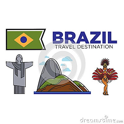 Brazil travel attractions and famous culture landmarks vector icons set Vector Illustration