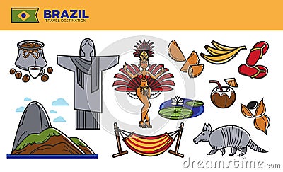 Brazil travel destination promotional poster with country symbols Vector Illustration